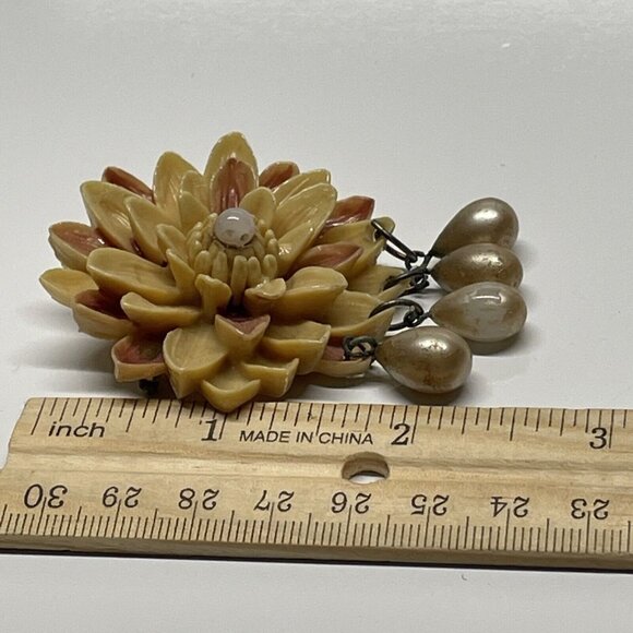 vintage Carved celluloid flower brooch dangle Beads Signed Handmade Aged 3D - Picture 13 of 14